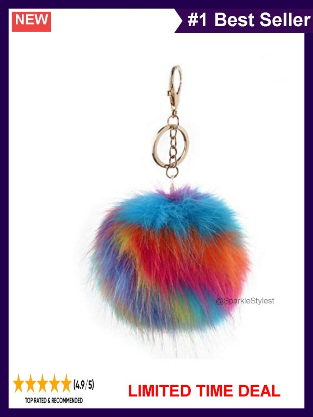 18PCS Faux Rabbit Fur Pom Pom Keychains Gold Metal Rings - Picture 2 of 3